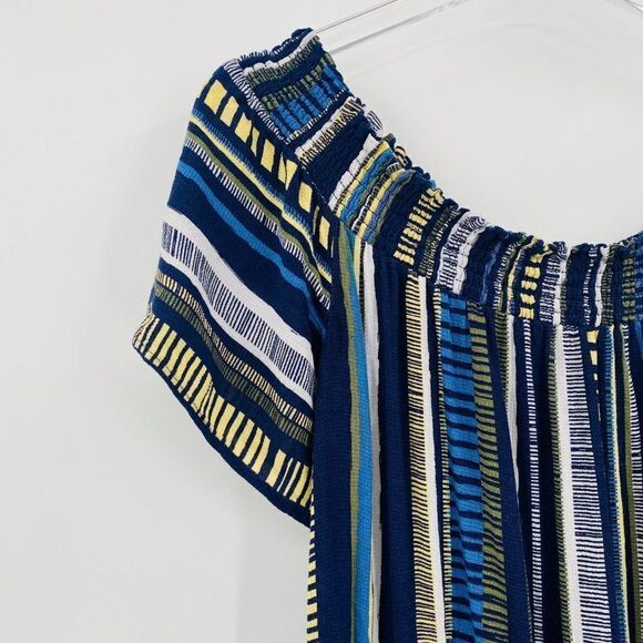 LOFT Lounge Size Medium Blue & Yellow Striped Off The Shoulder Romper w/ Pockets - Picture 4 of 10